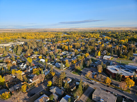 Elevated aerial view of a residential neighborhood in High River, Alberta, Canada.