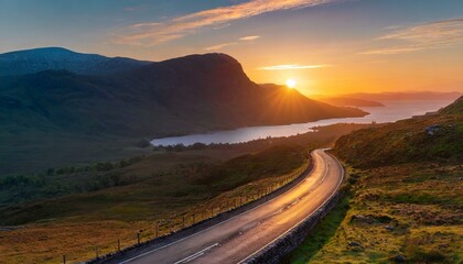 sunset over the mountains, road, landscape, sky, highway, mountain,