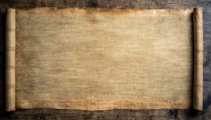 An aged papyrus manuscript, unrolled, displaying a textured surface with dark spots on a wooden background.