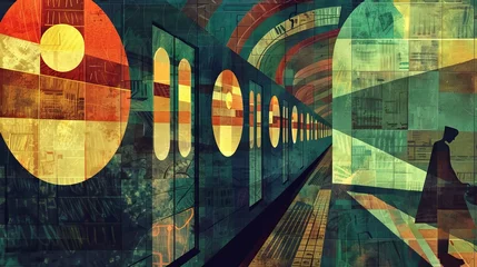 Fotobehang The romance of a midnight train, illustrated with a tapestry of geometric shapes and bold, antique hues © Paul