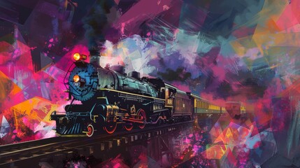 The essence of a midnight steam train, captured through an abstract layering of multicolored geometric forms