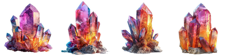 Colorful sharp crystal, gemstone or minerals  On A Clean White Background Soft Watercolour Transparent Background