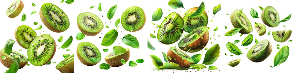 Kiwi with half slices falling or floating in the air with green leaves  On A Clean White Background Soft Watercolour Transparent Background
