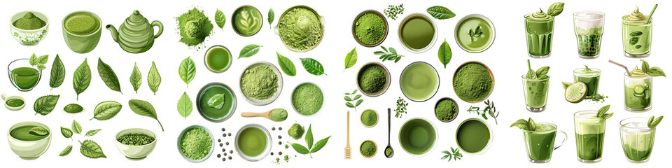 Matcha Green tea elements leaves objects  On A Clean White Background Soft Watercolour Transparent Background