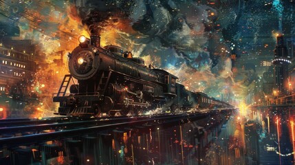 Midnight locomotives, depicted in a chaotic yet harmonious mix, evoking the golden age of rail