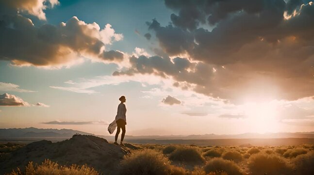 Woman’s Silhouette Against Expansive Landscape in Golden Hour