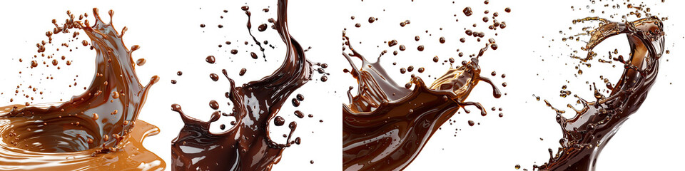 Dark brown Chocolate, coffee or cocoa liquid swirl splash with little choc bubbles  On A Clean White Background Soft Watercolour Transparent Background