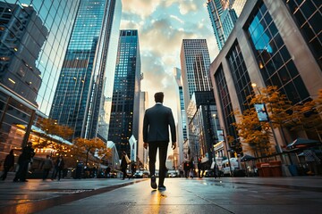 A businessman in a suit stands in the middle of a city street, looking up at the sky, start up and business concepts - obrazy, fototapety, plakaty