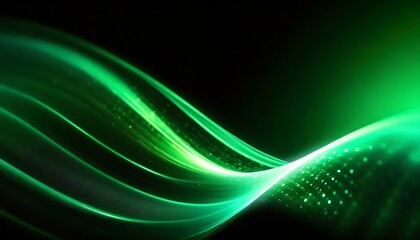 黒い背景の中でエメラルドグリーンが光を宿し、幻想的な輝きを放つエネルギー波のグラフィック、グラデーション、スタイリッシュで洗練されている