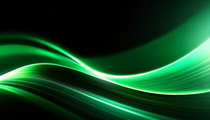 黒い背景の中でエメラルドグリーンが光を宿し、幻想的な輝きを放つエネルギー波のグラフィック、グラデーション、スタイリッシュで洗練されている