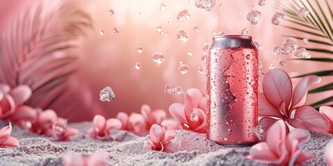 A pink juice can mockup with a pink backdrop with ice cubes, palm leaves and beach sands representing summer refreshment with space, Generative AI.