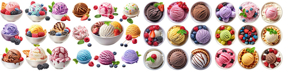 Set of various colorful ice cream in bowl with berries   On A Clean White Background Soft Watercolour Transparent Background