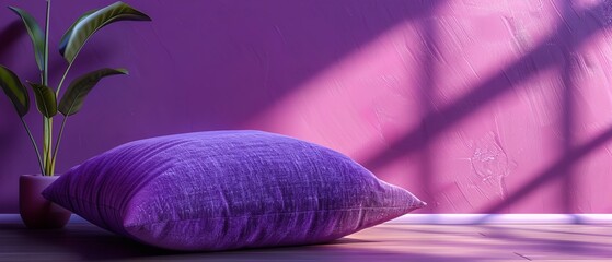 Close shot of a vibrant purple pillow with plain purple backdrop with a big space for text or product advertisement, Generative AI.