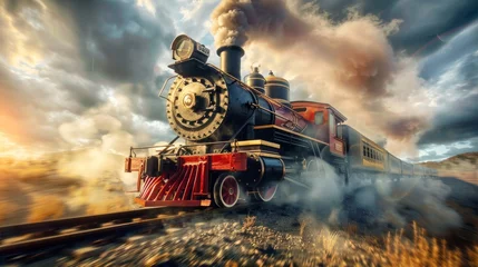 Fotobehang Dynamic image of an antique train in full steam, perfect for use in heritage-themed design projects © Paul