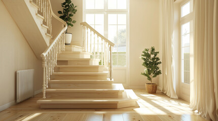 Scandinavian beige staircase in a cozy and inviting lounge interior.