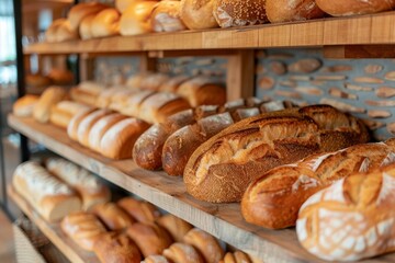 Close-up of artisan bread loaves on wooden shelving adding a rustic charm to a bakery's ambiance