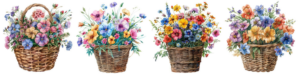 Watercolor of bouquet colorful spring flowers in wicker basket  On A Clean White Background Soft Watercolour Transparent Background