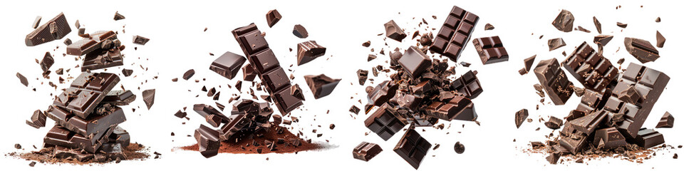 Various types of chocolate falling with choc flake  On A Clean White Background Soft Watercolour...