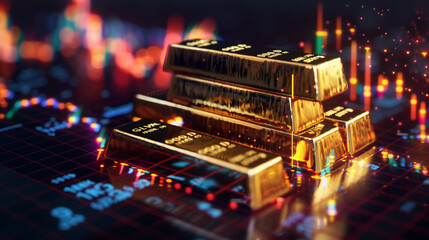 gold bars stack on alize profit margins using digital charts. . - obrazy, fototapety, plakaty