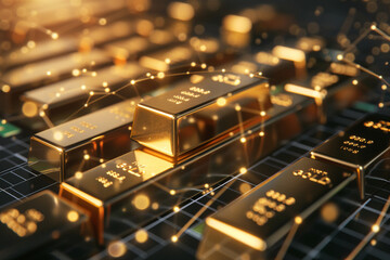 gold bars stack on alize supply chain performance with digital graphs. . - obrazy, fototapety, plakaty