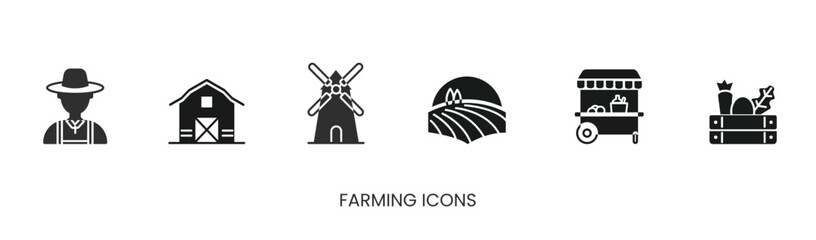 Vector farming set of icons, outdoor market, shop icon, box with vegetables and fruit icon, farmer, windmill, stall, field. Trendy colors. Isolated on a white background. Editable stroke - obrazy, fototapety, plakaty