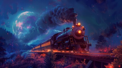 A steam locomotive travels through the deep night, its colors a bold contrast to the whispering dark - obrazy, fototapety, plakaty