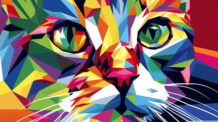 A mosaic of geometric shapes in dynamic colors forms a playful cat, ideal for wall art in animal themes