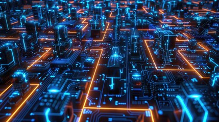 A labyrinth of glowing circuits, symbolizing the complexity of networks. - obrazy, fototapety, plakaty