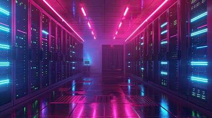 A server room bathed in neon lights, creating a futuristic and mysterious atmosphere.