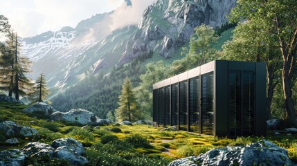 A server room built within a natural landscape, exploring the integration of technology and nature. - obrazy, fototapety, plakaty