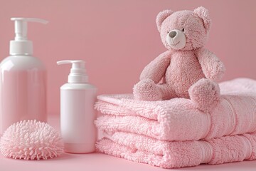 Obraz na płótnie Canvas Baby bath accessories with pink towel and pink shampoo bottle mockup with a pink clean surface for text or product advertisement, Generative AI.