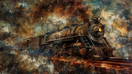 A classic locomotive travels through time, creating a textured backdrop for creative projects - obrazy, fototapety, plakaty
