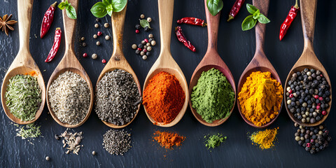 Various of colorful herbs and spices in spoons for cooking on wooden table.AI Generative