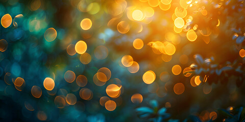 High resolution bokeh background Golden Christmas tree glows softly in defocused winter backdrop. 