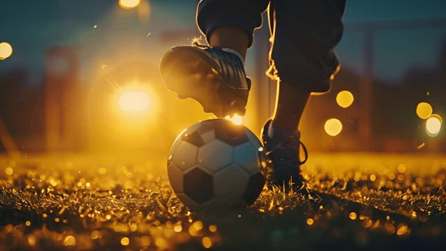 Teenagers foot kicking a soccer ball backlit by the sunset. Tracking shot in slow motion freezing the action.