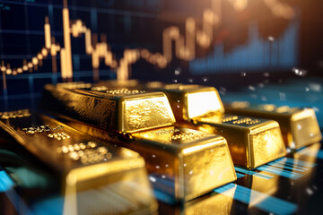 gold bars stack on Visualize profit margins using digital charts. - obrazy, fototapety, plakaty