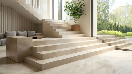 Sleek beige stairs in a modern Scandinavian lounge with a large window and peaceful ambiance.