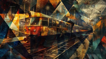 An antique train journey at midnight, portrayed through an abstract collage of vibrant geometric shapes