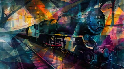 An abstract steam train, portrayed through a series of overlapping, vibrant shapes, evoking the allure of night travel