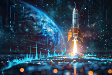 Rocket rising into space and Visualize sales data with digital graphs.