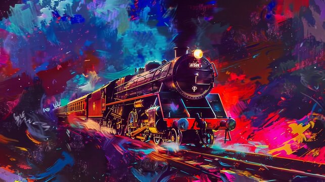 An abstract steam train, portrayed through a series of overlapping, vibrant shapes, evoking the allure of night travel