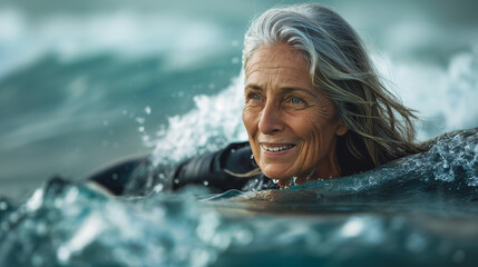 Senior woman smiling while swimming in the ocean. - obrazy, fototapety, plakaty