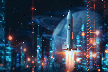 Rocket rising into space and Track customer retention rates via digital charts. - obrazy, fototapety, plakaty