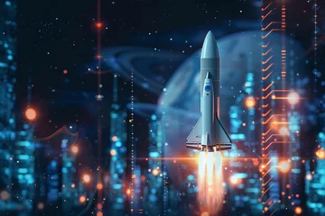 Fotobehang Rocket rising into space and Track customer retention rates via digital charts. © Papisut