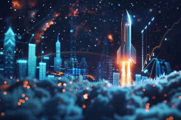 Rocket rising into space and Utilize digital graphs to track revenue growth. - obrazy, fototapety, plakaty