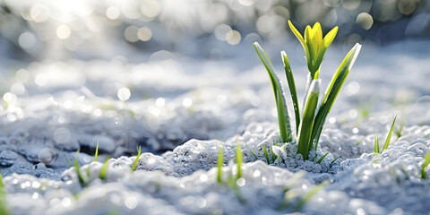 The first spring flowers of snowdrops make their way to the sun in the middle of the snow - obrazy, fototapety, plakaty