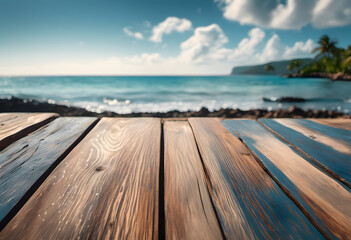 Wooden deck leading to a tropical beach with clear blue sky and ocean waves, ideal for vacation themes.