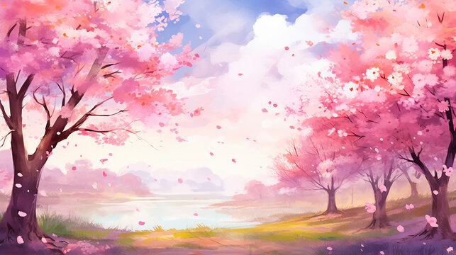 beautiful anime illustration fantasy spring nature landscape and cherry blossom