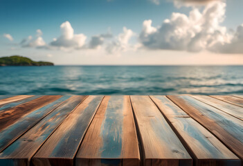 Wooden deck overlooking a serene ocean with a distant island under a clear blue sky.