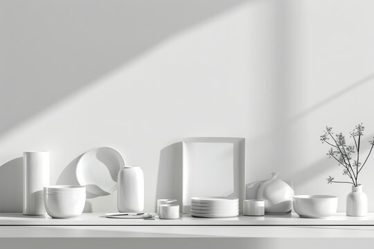 Assortment of white homeware items arranged on a shelf with shadow play